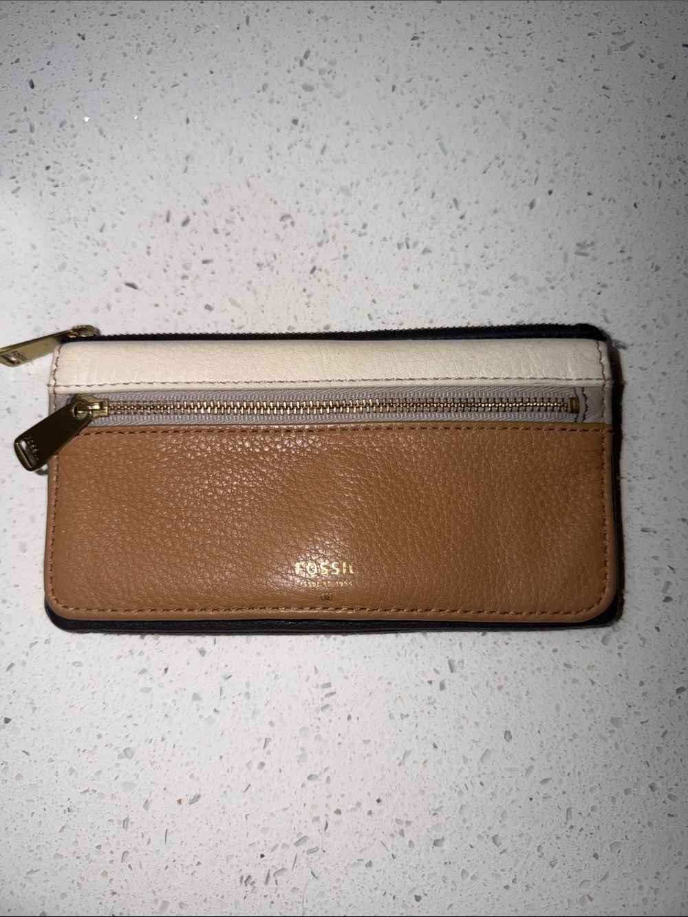 Fossil Two-Tone Leather Zip Card Wallet - Tan & Cream